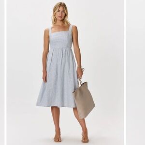 Quince 100% Linen Fit &Flare Midi Dress Small Blue Pinstripe